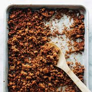 Cauliflower Walnut Taco Meat on a tray with a spoon in it.