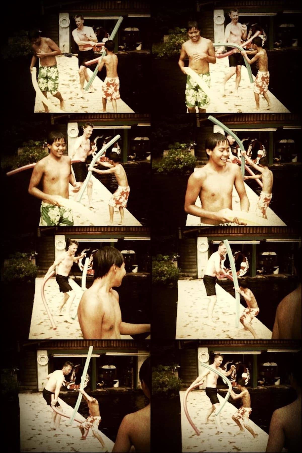 Collage of 8 photos of men fighting with pool noodles.