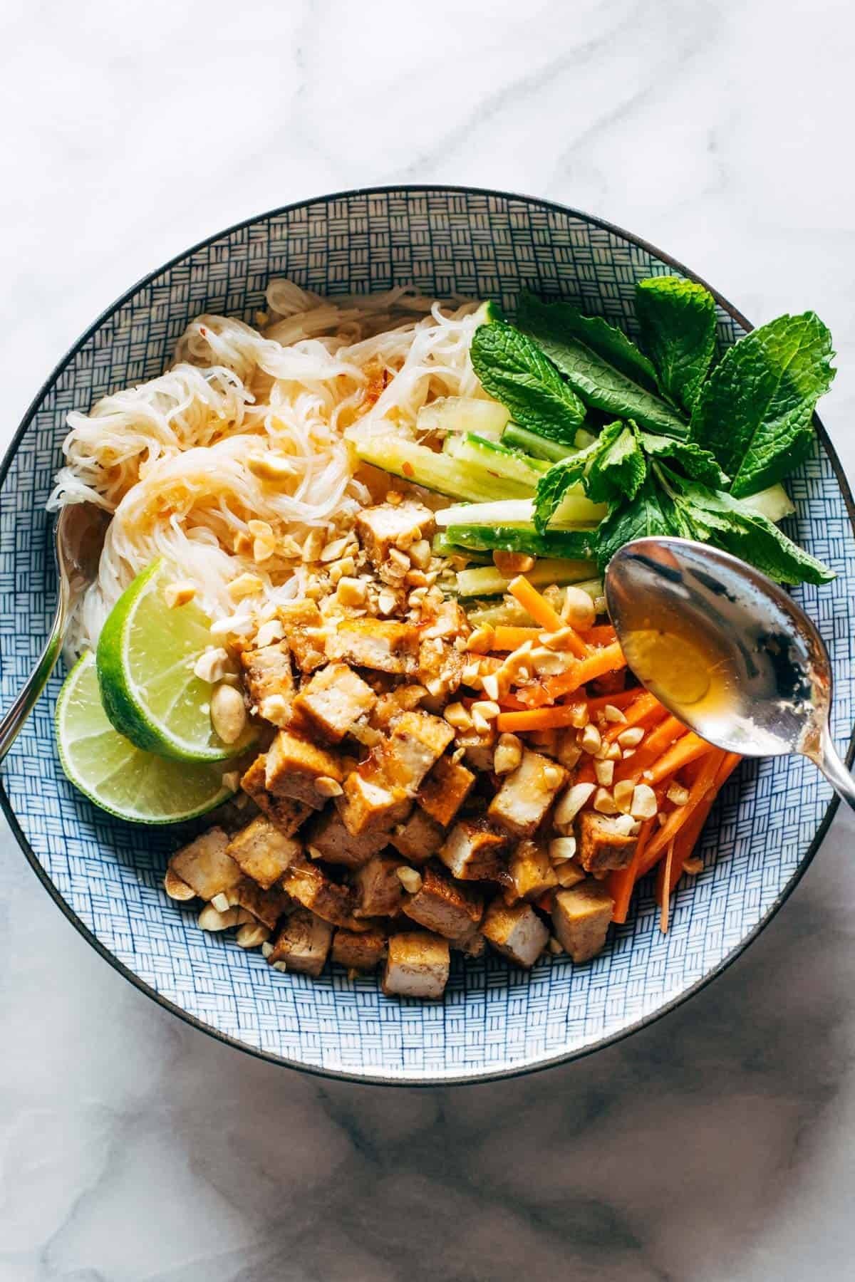 Vermicelli salad with tofu and herbs.